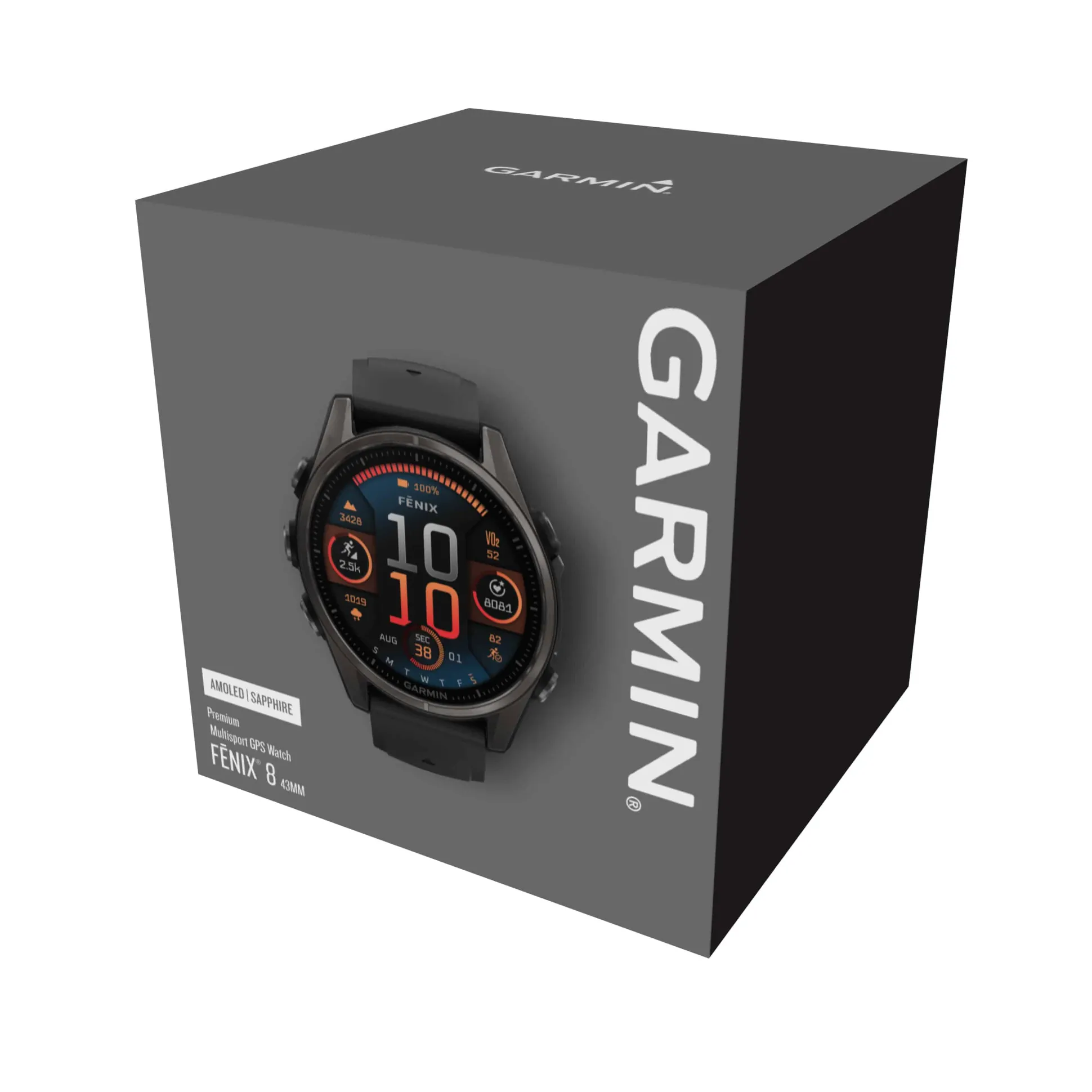 Fenix 8 43mm AMOLED Sapphire Schwarz/Carbongrau - Armband Schwarz
